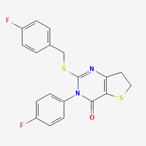 molecular formula C19H14F2N2OS2 B2458932 2-((4-fluorobenzyl)thio)-3-(4-fluorophenyl)-6,7-dihydrothieno[3,2-d]pyrimidin-4(3H)-one CAS No. 687562-11-4
