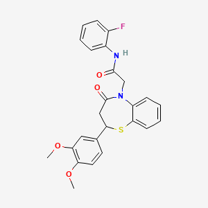molecular formula C25H23FN2O4S B2458982 2-(2-(3,4-dimethoxyphenyl)-4-oxo-3,4-dihydrobenzo[b][1,4]thiazepin-5(2H)-yl)-N-(2-fluorophenyl)acetamide CAS No. 847487-19-8