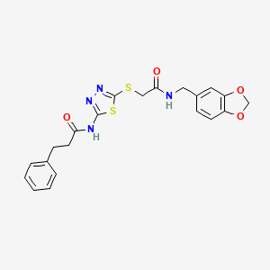 molecular formula C21H20N4O4S2 B2459051 N-(5-((2-((benzo[d][1,3]dioxol-5-ylmethyl)amino)-2-oxoethyl)thio)-1,3,4-thiadiazol-2-yl)-3-phenylpropanamide CAS No. 893355-76-5