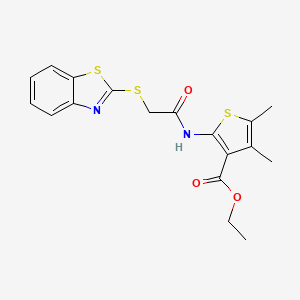 molecular formula C18H18N2O3S3 B2459178 Ethyl 2-(2-(benzo[d]thiazol-2-ylthio)acetamido)-4,5-dimethylthiophene-3-carboxylate CAS No. 497867-94-4