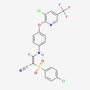 molecular formula C21H12Cl2F3N3O3S B2459321 2-((4-Chlorophenyl)sulfonyl)-3-((4-(3-chloro-5-(trifluoromethyl)(2-pyridyloxy))phenyl)amino)prop-2-enenitrile CAS No. 1025617-82-6