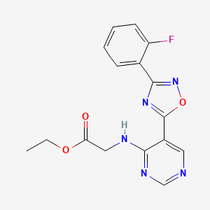 molecular formula C16H14FN5O3 B2459449 Ethyl 2-((5-(3-(2-fluorophenyl)-1,2,4-oxadiazol-5-yl)pyrimidin-4-yl)amino)acetate CAS No. 2034571-69-0