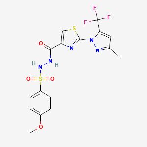 molecular formula C16H14F3N5O4S2 B2459569 4-methoxy-N'-({2-[3-methyl-5-(trifluoromethyl)-1H-pyrazol-1-yl]-1,3-thiazol-4-yl}carbonyl)benzenesulfonohydrazide CAS No. 956795-64-5
