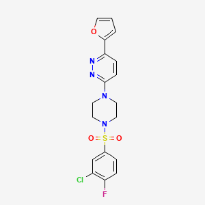 molecular formula C18H16ClFN4O3S B2459570 3-(4-((3-Chloro-4-fluorophenyl)sulfonyl)piperazin-1-yl)-6-(furan-2-yl)pyridazine CAS No. 1021099-89-7