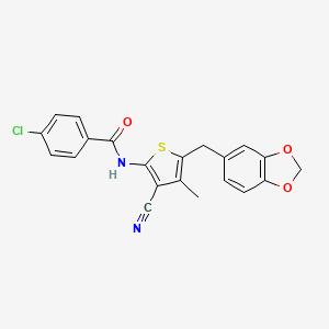 molecular formula C21H15ClN2O3S B2459679 N-[5-(1,3-benzodioxol-5-ylmethyl)-3-cyano-4-methylthiophen-2-yl]-4-chlorobenzamide CAS No. 476367-08-5