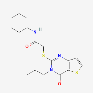 molecular formula C17H23N3O2S2 B2459942 N-cyclohexyl-2-[(4-oxo-3-propyl-3,4-dihydrothieno[3,2-d]pyrimidin-2-yl)sulfanyl]acetamide CAS No. 1252893-27-8