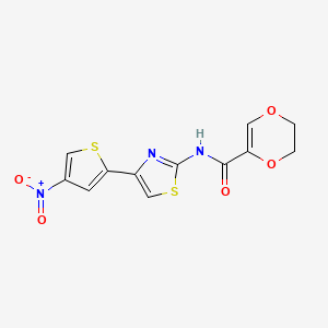 molecular formula C12H9N3O5S2 B2460118 N-(4-(4-ニトロチオフェン-2-イル)チアゾール-2-イル)-5,6-ジヒドロ-1,4-ジオキシン-2-カルボキサミド CAS No. 864937-97-3