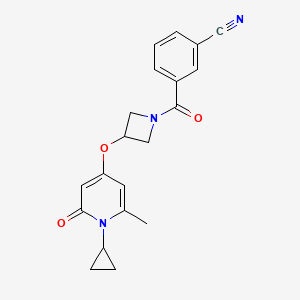 molecular formula C20H19N3O3 B2460124 3-(3-((1-Cyclopropyl-6-methyl-2-oxo-1,2-dihydropyridin-4-yl)oxy)azetidine-1-carbonyl)benzonitrile CAS No. 2034387-00-1