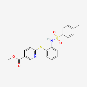 molecular formula C20H18N2O4S2 B2460160 Methyl 6-[(2-{[(4-methylphenyl)sulfonyl]amino}phenyl)sulfanyl]nicotinate CAS No. 478033-23-7