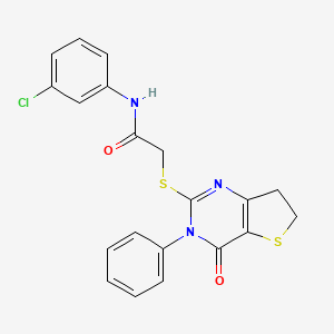 molecular formula C20H16ClN3O2S2 B2460283 N-(3-chlorophenyl)-2-[(4-oxo-3-phenyl-6,7-dihydrothieno[3,2-d]pyrimidin-2-yl)sulfanyl]acetamide CAS No. 686771-08-4