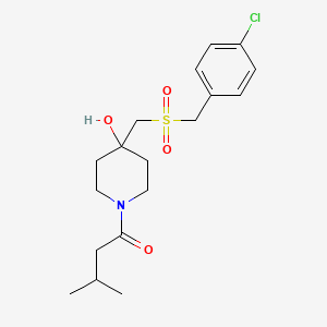 molecular formula C18H26ClNO4S B2460292 1-(4-{[(4-Chlorobenzyl)sulfonyl]methyl}-4-hydroxypiperidino)-3-methyl-1-butanone CAS No. 861211-14-5