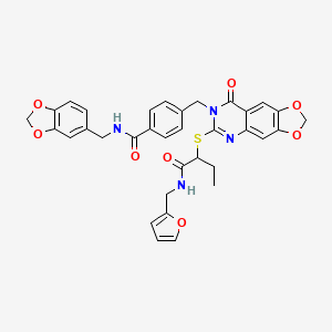 molecular formula C34H30N4O8S B2460304 N-(1,3-benzodioxol-5-ylmethyl)-4-{[6-[(1-{[(2-furylmethyl)amino]carbonyl}propyl)thio]-8-oxo[1,3]dioxolo[4,5-g]quinazolin-7(8H)-yl]methyl}benzamide CAS No. 688061-97-4