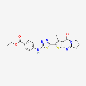molecular formula C21H19N5O3S2 B2460334 Ethyl 4-[(5-{4-methyl-2-oxo-6-thia-1,8-diazatricyclo[7.3.0.0^{3,7}]dodeca-3(7),4,8-trien-5-yl}-1,3,4-thiadiazol-2-yl)amino]benzoate CAS No. 890630-69-0