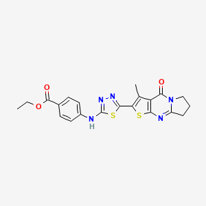 molecular formula C21H19N5O3S2 B2460334 4-[(5-{4-甲基-2-氧代-6-硫代-1,8-二氮杂三环[7.3.0.0^{3,7}]十二-3(7),4,8-三烯-5-基}-1,3,4-噻二唑-2-基)氨基]苯甲酸乙酯 CAS No. 890630-69-0