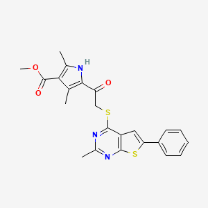 molecular formula C23H21N3O3S2 B2460358 methyl 2,4-dimethyl-5-(2-((2-methyl-6-phenylthieno[2,3-d]pyrimidin-4-yl)thio)acetyl)-1H-pyrrole-3-carboxylate CAS No. 496028-02-5