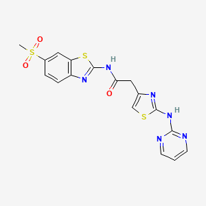 molecular formula C17H14N6O3S3 B2460590 N-(6-(甲基磺酰基)苯并[d]噻唑-2-基)-2-(2-(嘧啶-2-氨基)噻唑-4-基)乙酰胺 CAS No. 1251548-72-7