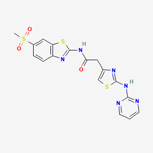 molecular formula C17H14N6O3S3 B2460590 N-(6-(metilsulfonil)benzo[d]tiazol-2-il)-2-(2-(pirimidin-2-ilamino)tiazol-4-il)acetamida CAS No. 1251548-72-7