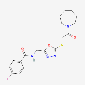 molecular formula C18H21FN4O3S B2460605 N-[[5-[2-(azepan-1-yl)-2-oxoethyl]sulfanyl-1,3,4-oxadiazol-2-yl]methyl]-4-fluorobenzamide CAS No. 904270-77-5