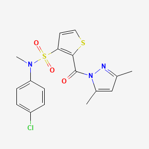 molecular formula C17H16ClN3O3S2 B2460747 N-(4-chlorophenyl)-2-(3,5-dimethyl-1H-pyrazole-1-carbonyl)-N-methylthiophene-3-sulfonamide CAS No. 1172350-50-3