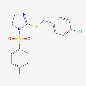 molecular formula C16H14ClFN2O2S2 B2460764 2-[(4-Chlorophenyl)methylsulfanyl]-1-(4-fluorophenyl)sulfonyl-4,5-dihydroimidazole CAS No. 868217-34-9