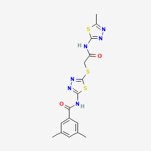 molecular formula C16H16N6O2S3 B2460795 3,5-dimethyl-N-(5-((2-((5-methyl-1,3,4-thiadiazol-2-yl)amino)-2-oxoethyl)thio)-1,3,4-thiadiazol-2-yl)benzamide CAS No. 392319-30-1