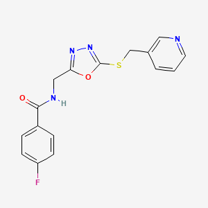 molecular formula C16H13FN4O2S B2460900 4-fluoro-N-((5-((pyridin-3-ylmethyl)thio)-1,3,4-oxadiazol-2-yl)methyl)benzamide CAS No. 1351647-08-9