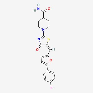 molecular formula C20H18FN3O3S B2460932 (E)-1-(5-((5-(4-氟苯基)呋喃-2-亚甲基)-4-氧代-4,5-二氢噻唑-2-基)亚甲基)-4-哌啶甲酰胺 CAS No. 519034-32-3