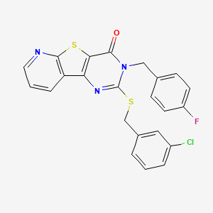 molecular formula C23H15ClFN3OS2 B2460984 2-((3-chlorobenzyl)thio)-3-(4-fluorobenzyl)pyrido[3',2':4,5]thieno[3,2-d]pyrimidin-4(3H)-one CAS No. 1223764-19-9