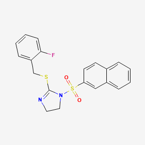 molecular formula C20H17FN2O2S2 B2461004 2-[(2-Fluorophenyl)methylsulfanyl]-1-naphthalen-2-ylsulfonyl-4,5-dihydroimidazole CAS No. 868218-56-8