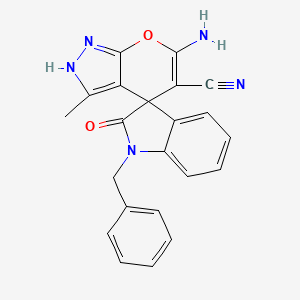 molecular formula C22H17N5O2 B2461093 6'-amino-1-benzyl-3'-methyl-2-oxo-1,2-dihydro-1'H-spiro[indole-3,4'-pyrano[2,3-c]pyrazole]-5'-carbonitrile CAS No. 496805-22-2