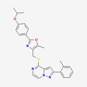 molecular formula C27H26N4O2S B2461126 4-({[2-(4-Isopropoxyphenyl)-5-methyl-1,3-oxazol-4-yl]methyl}thio)-2-(2-methylphenyl)pyrazolo[1,5-a]pyrazine CAS No. 1207014-21-8