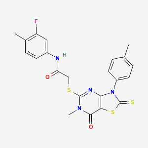 molecular formula C22H19FN4O2S3 B2461156 N-(3-氟-4-甲苯基)-2-((6-甲基-7-氧代-2-硫代-3-(对甲苯基)-2,3,6,7-四氢噻唑并[4,5-d]嘧啶-5-基)硫代)乙酰胺 CAS No. 933207-89-7