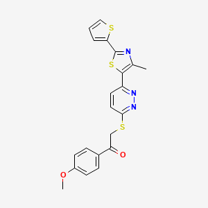 molecular formula C21H17N3O2S3 B2461274 1-(4-Methoxyphenyl)-2-((6-(4-methyl-2-(thiophen-2-yl)thiazol-5-yl)pyridazin-3-yl)thio)ethanone CAS No. 1005304-55-1