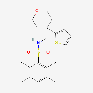 molecular formula C20H27NO3S2 B2461325 2,3,5,6-tetramethyl-N-((4-(thiophen-2-yl)tetrahydro-2H-pyran-4-yl)methyl)benzenesulfonamide CAS No. 1203163-34-1