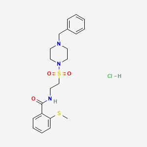 molecular formula C21H28ClN3O3S2 B2461370 N-(2-((4-benzylpiperazin-1-yl)sulfonyl)ethyl)-2-(methylthio)benzamide hydrochloride CAS No. 1189658-56-7