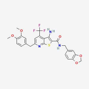 molecular formula C26H22F3N3O5S B2461382 3-amino-N-(1,3-benzodioxol-5-ylmethyl)-6-(3,4-dimethoxybenzyl)-4-(trifluoromethyl)thieno[2,3-b]pyridine-2-carboxamide CAS No. 939889-19-7