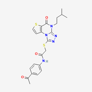 molecular formula C22H23N5O3S2 B2461392 N-(4-acetylphenyl)-2-((4-isopentyl-5-oxo-4,5-dihydrothieno[2,3-e][1,2,4]triazolo[4,3-a]pyrimidin-1-yl)thio)acetamide CAS No. 1223780-38-8