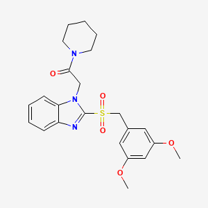 molecular formula C23H27N3O5S B2461404 2-(2-((3,5-dimethoxybenzyl)sulfonyl)-1H-benzo[d]imidazol-1-yl)-1-(piperidin-1-yl)ethanone CAS No. 886906-29-2
