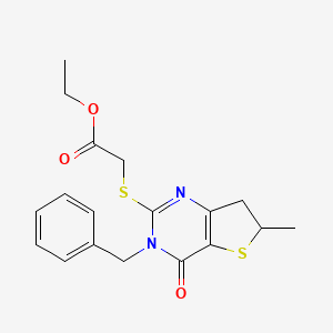 molecular formula C18H20N2O3S2 B2461437 Ethyl 2-[(3-benzyl-6-methyl-4-oxo-6,7-dihydrothieno[3,2-d]pyrimidin-2-yl)sulfanyl]acetate CAS No. 702665-86-9