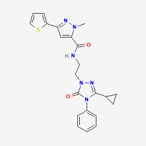 molecular formula C22H22N6O2S B2461465 N-(2-(3-cyclopropyl-5-oxo-4-phenyl-4,5-dihydro-1H-1,2,4-triazol-1-yl)ethyl)-1-methyl-3-(thiophen-2-yl)-1H-pyrazole-5-carboxamide CAS No. 1396882-23-7