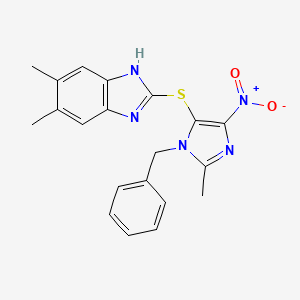 molecular formula C20H19N5O2S B2461515 2-[(1-benzyl-2-methyl-4-nitro-1H-imidazol-5-yl)thio]-5,6-dimethyl-1H-benzimidazole CAS No. 477280-90-3