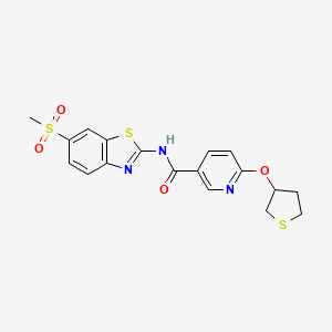 molecular formula C18H17N3O4S3 B2461535 N-(6-(methylsulfonyl)benzo[d]thiazol-2-yl)-6-((tetrahydrothiophen-3-yl)oxy)nicotinamide CAS No. 2034237-50-6
