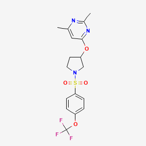 molecular formula C17H18F3N3O4S B2461540 2,4-Dimethyl-6-({1-[4-(trifluoromethoxy)benzenesulfonyl]pyrrolidin-3-yl}oxy)pyrimidine CAS No. 2097895-11-7