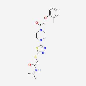 molecular formula C20H27N5O3S2 B2461558 N-isopropyl-2-((5-(4-(2-(o-tolyloxy)acetyl)piperazin-1-yl)-1,3,4-thiadiazol-2-yl)thio)acetamide CAS No. 1105227-22-2