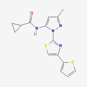 molecular formula C15H14N4OS2 B2461601 N-(3-methyl-1-(4-(thiophen-2-yl)thiazol-2-yl)-1H-pyrazol-5-yl)cyclopropanecarboxamide CAS No. 1171179-67-1