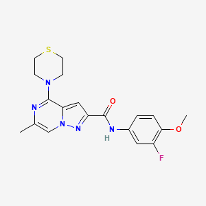 molecular formula C19H20FN5O2S B2461637 N-(3-fluoro-4-methoxyphenyl)-6-methyl-4-(1,4-thiazinan-4-yl)pyrazolo[1,5-a]pyrazine-2-carboxamide CAS No. 1775378-66-9