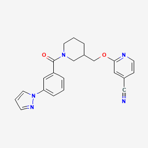 molecular formula C22H21N5O2 B2461657 2-[[1-(3-Pyrazol-1-ylbenzoyl)piperidin-3-yl]methoxy]pyridine-4-carbonitrile CAS No. 2379972-34-4
