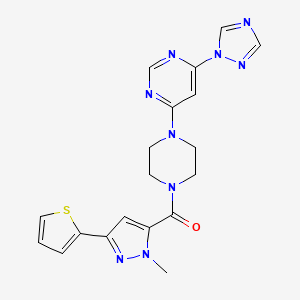 molecular formula C19H19N9OS B2461698 (4-(6-(1H-1,2,4-triazol-1-yl)pyrimidin-4-yl)piperazin-1-yl)(1-methyl-3-(thiophen-2-yl)-1H-pyrazol-5-yl)methanone CAS No. 1798637-67-8