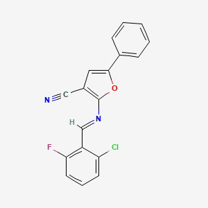 molecular formula C18H10ClFN2O B2461702 2-{[(E)-(2-chloro-6-fluorophenyl)methylidene]amino}-5-phenyl-3-furonitrile CAS No. 478033-38-4