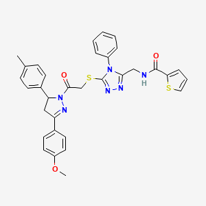 molecular formula C33H30N6O3S2 B2461706 N-((5-((2-(3-(4-甲氧基苯基)-5-(对甲苯基)-4,5-二氢-1H-吡唑-1-基)-2-氧代乙基)硫代)-4-苯基-4H-1,2,4-三唑-3-基)甲基)噻吩-2-甲酰胺 CAS No. 362507-45-7